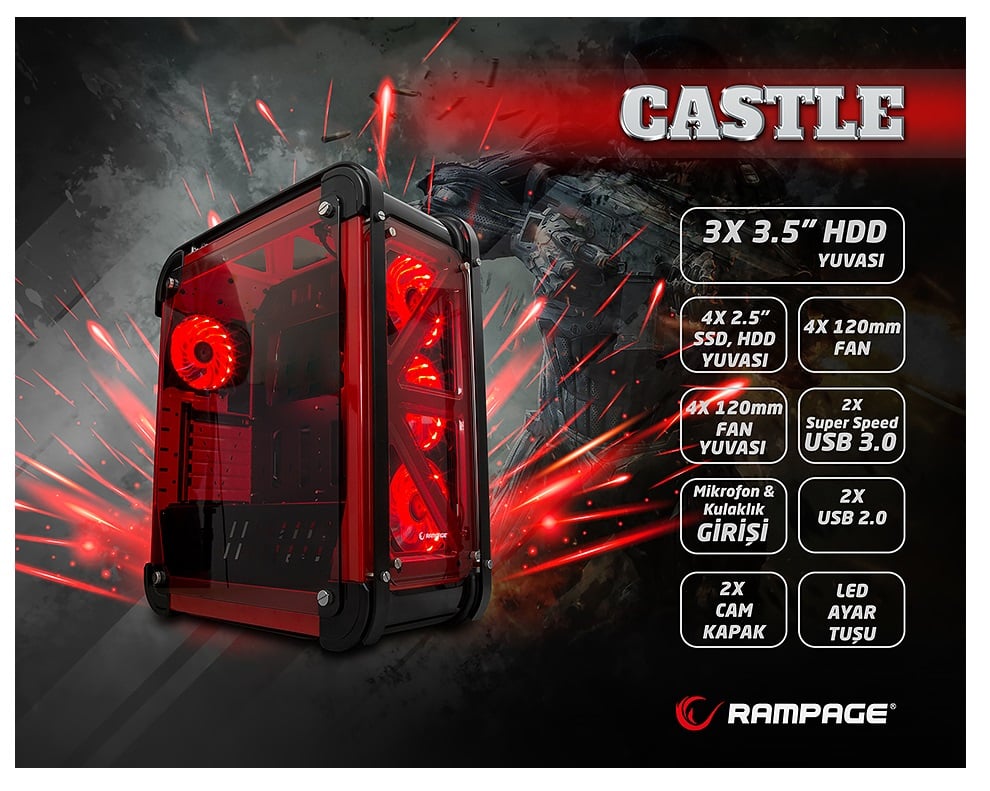 Rampage Castle RGB Oyuncu Kasası - Siyah Çelik Kasa Tempered Cam
